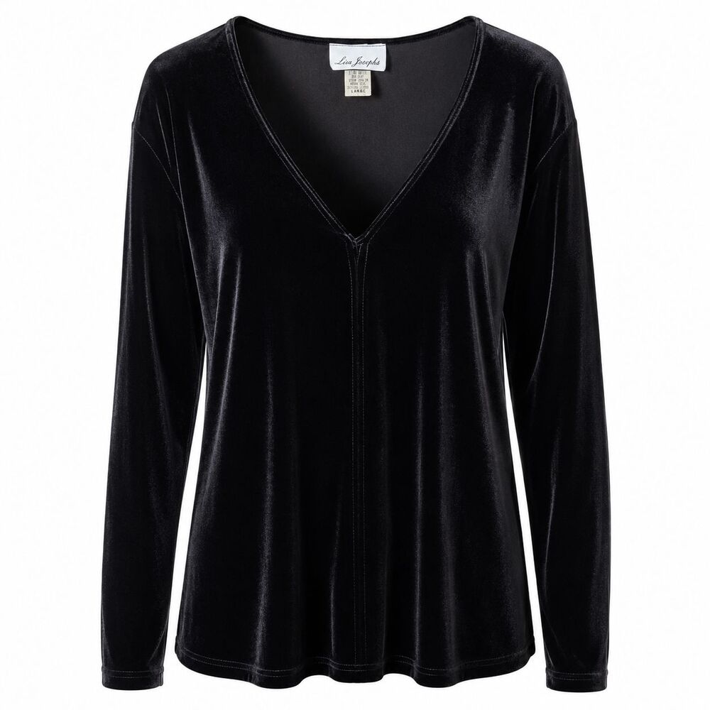 Lisa Josephs Blouse Women's Large Black Velour Scoop Neck Long Sleeve Stretch